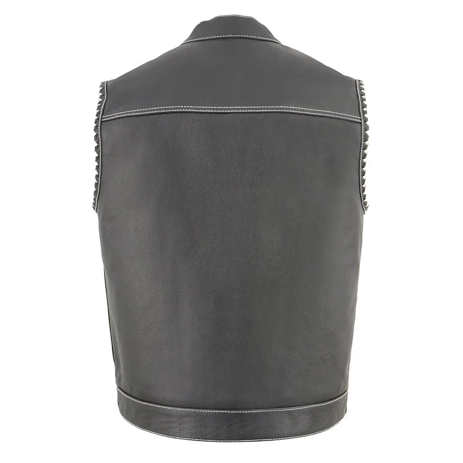 Men’s Club Style Leather Vest with White Stitching & Laced Arm Holes