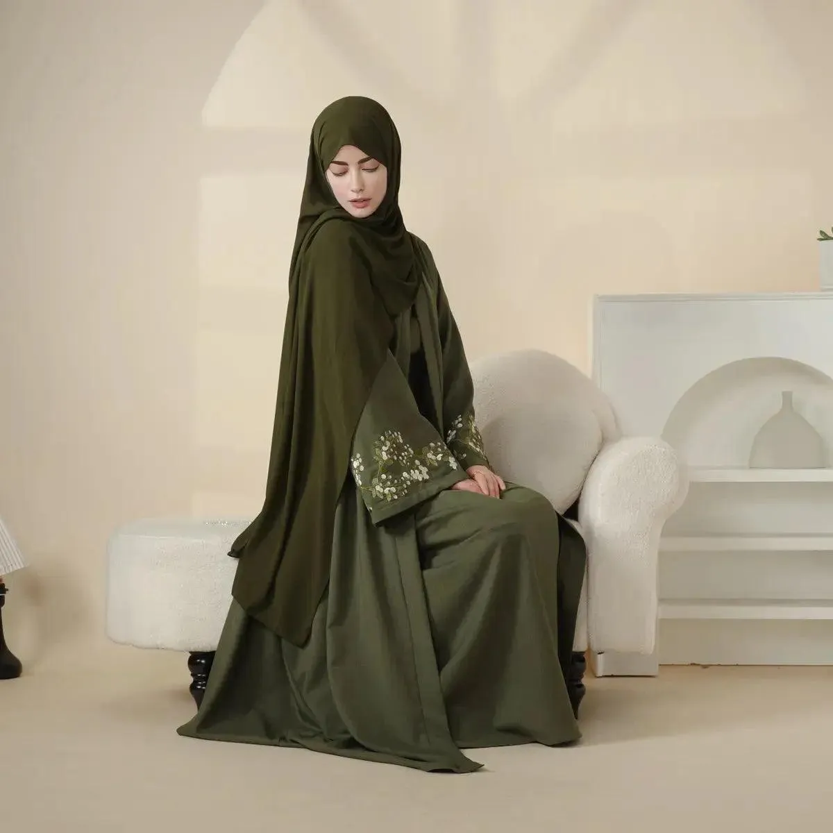 MOA037 Olive Branch Embroidered Linen 4-Piece Set Abaya