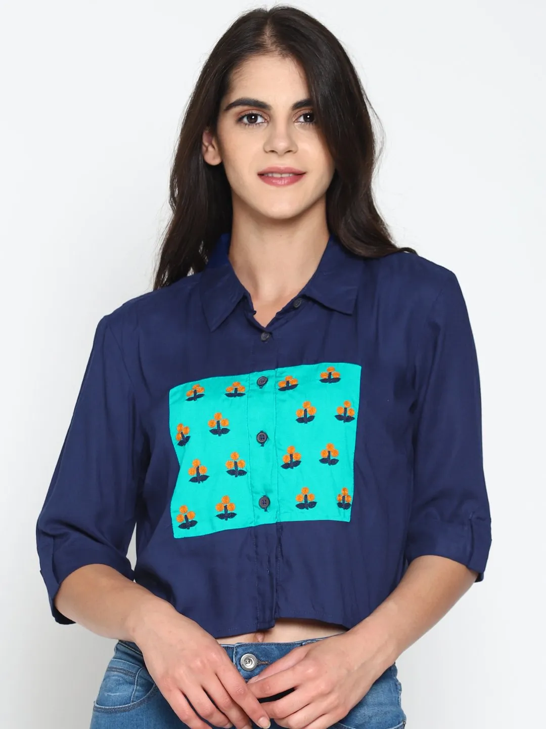 Navy Bluecolor Block Crop Top With Embroidery