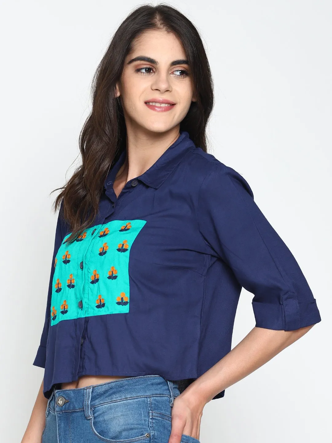 Navy Bluecolor Block Crop Top With Embroidery