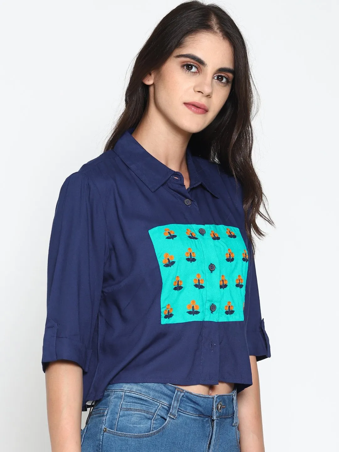 Navy Bluecolor Block Crop Top With Embroidery