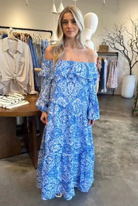 OLINA BLUE PRINTED OFF SHOULDER DRESS