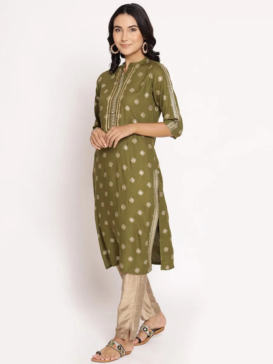 Olive Green Ornamental Printed Kurta