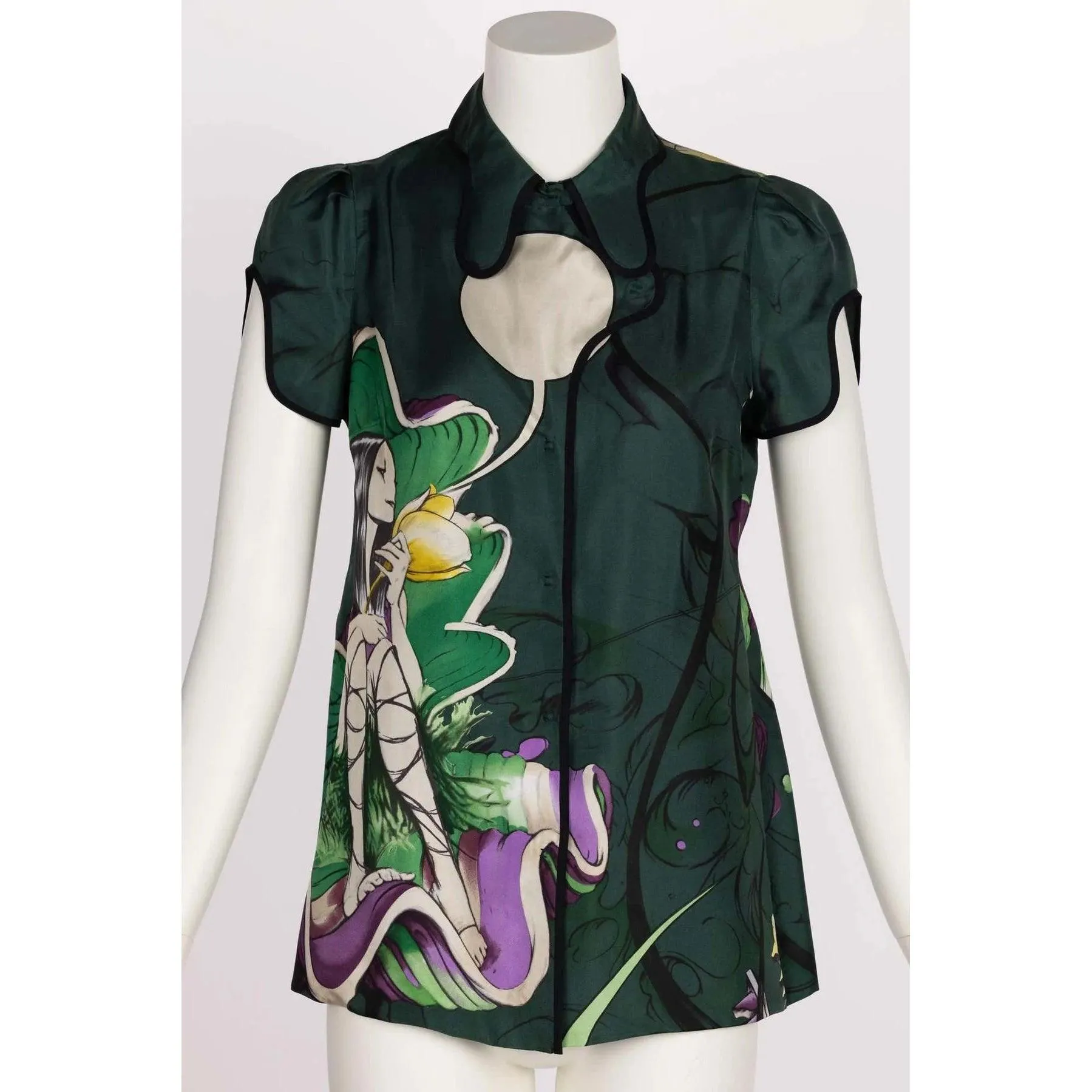 PRADA FAIRY JAMES JEAN 2008 Runway Green Print Silk Top | Size S/M