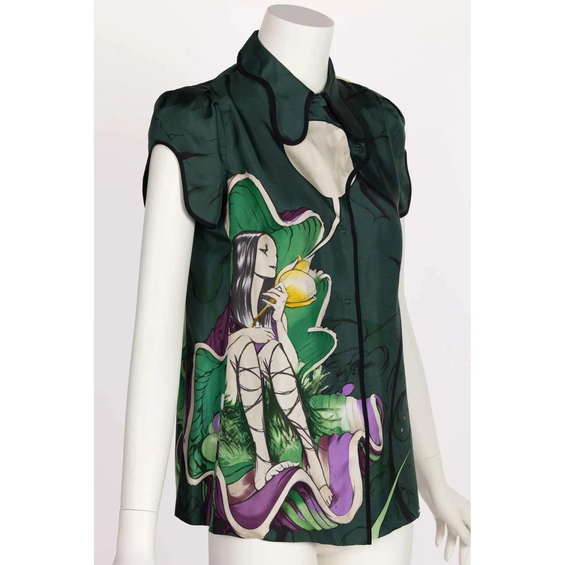 PRADA FAIRY JAMES JEAN 2008 Runway Green Print Silk Top | Size S/M