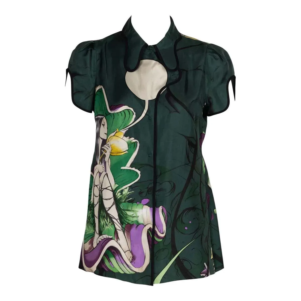 PRADA FAIRY JAMES JEAN 2008 Runway Green Print Silk Top | Size S/M