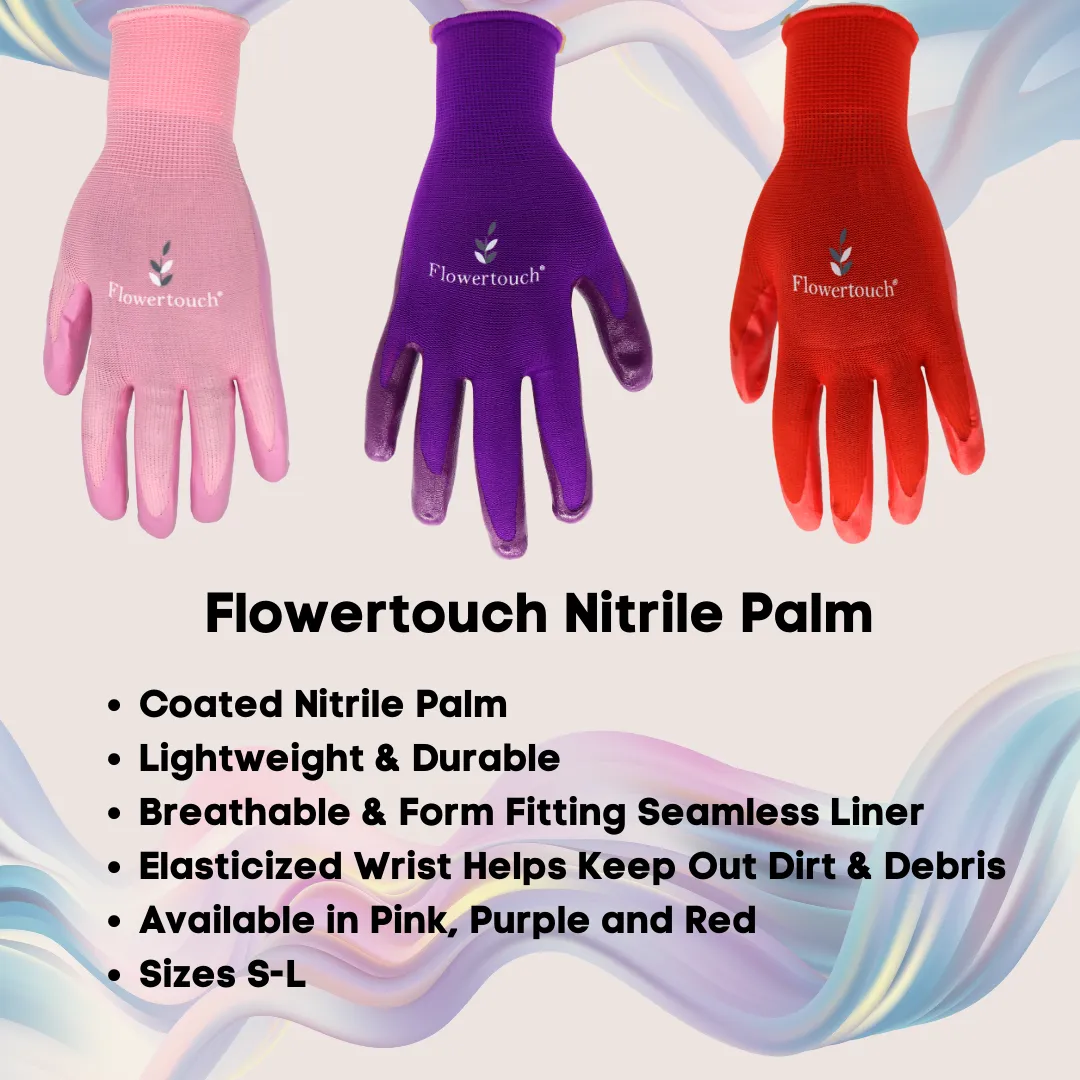 Red Steer A369 Flowertouch Lawn & Garden Gloves, Nitrile Palm, Pink, Purple or Red, Sizes S-L,