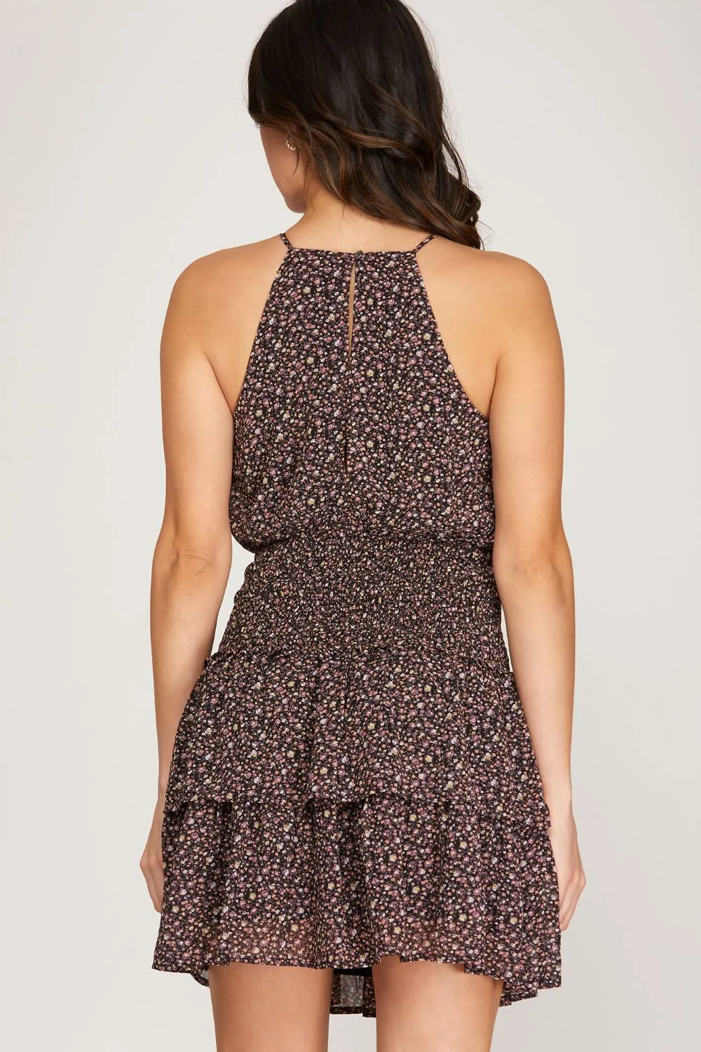 SMOCKED WAIST PRINTED DRESS | BLACK