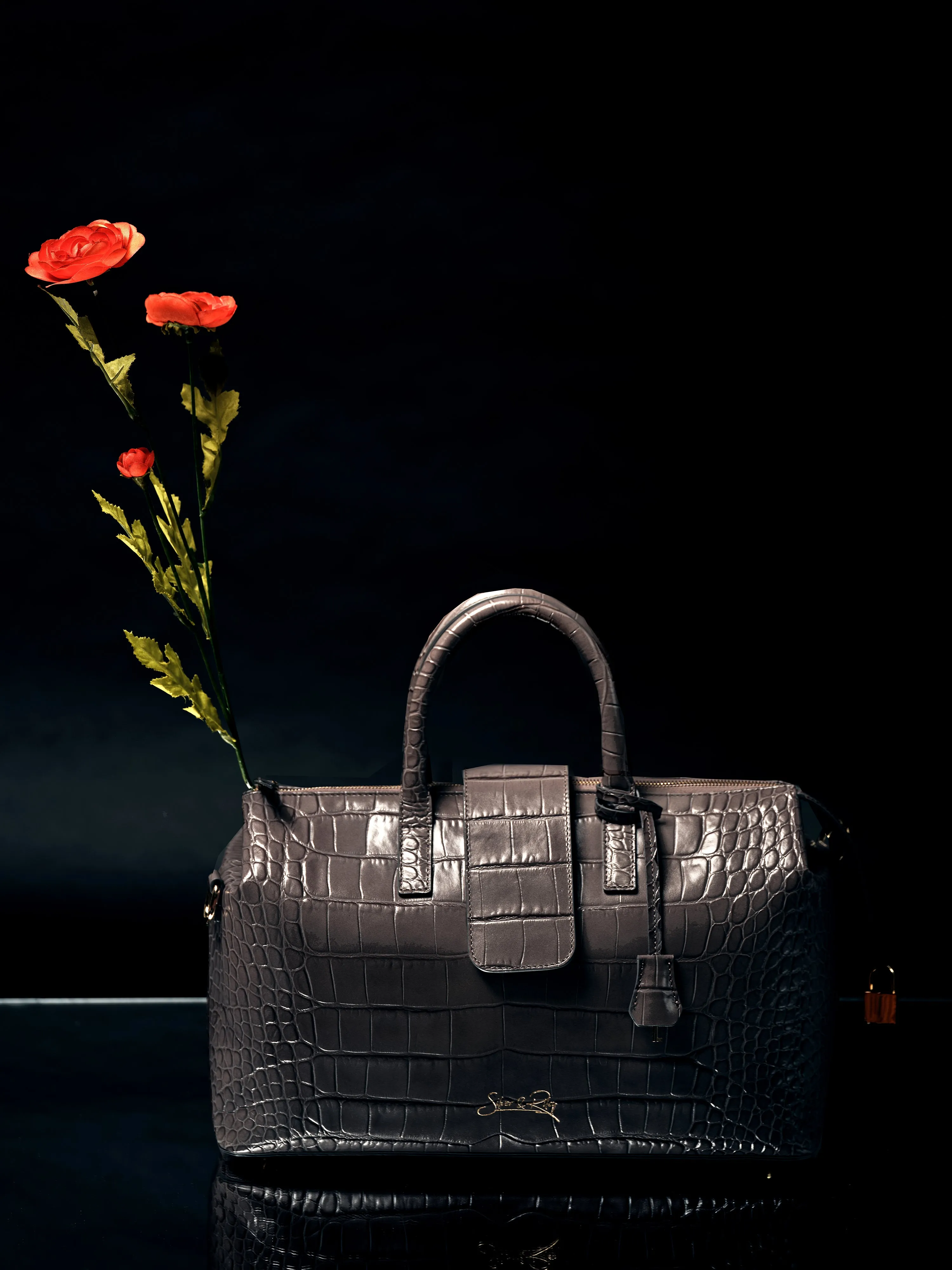 SSW - Convertible Executive Leather Bag in Crocodile Print Cool Gray