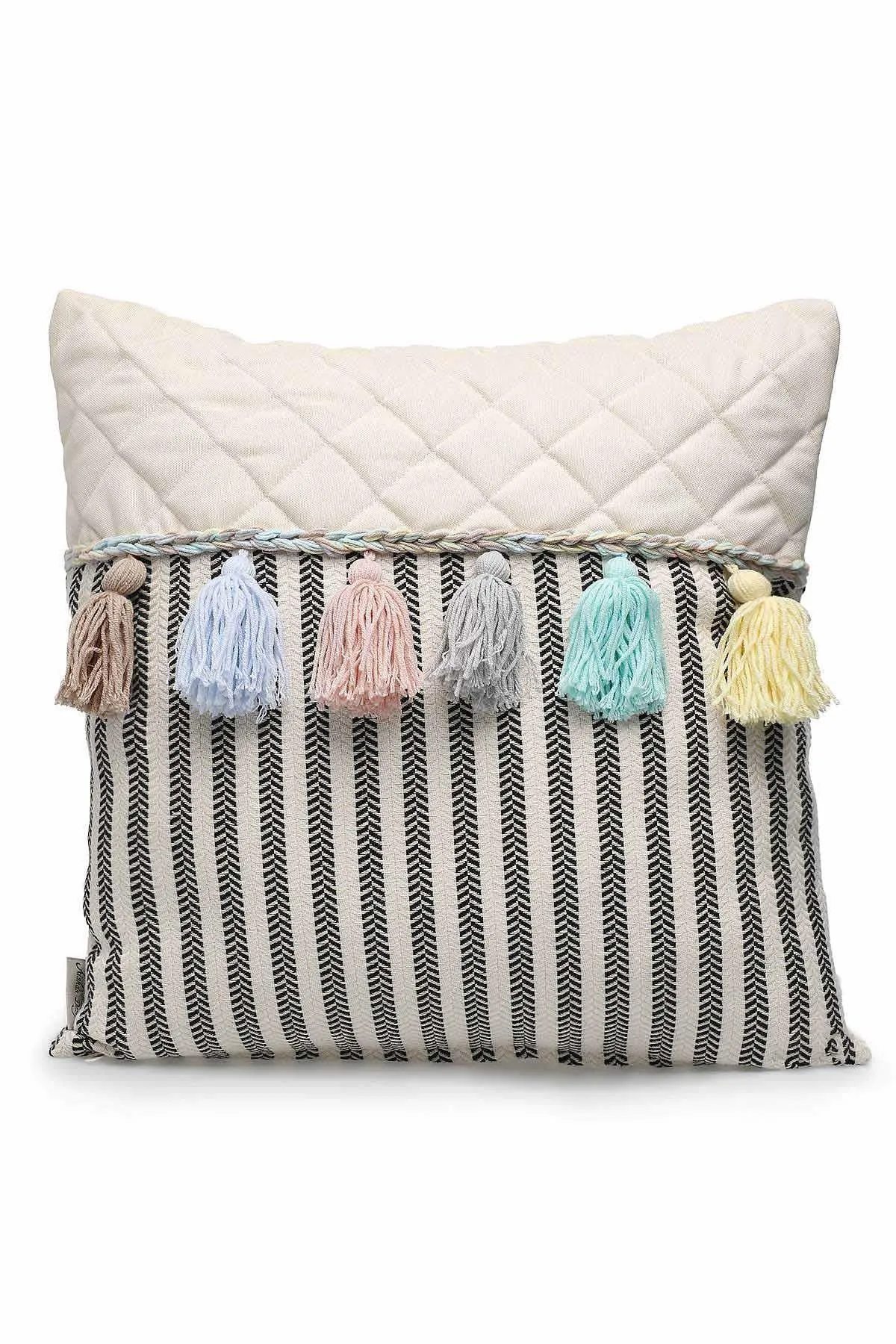 Striped and Quilted Boho Pillow Cover with Colorful Hanging Tassels, 18x18 Inches Stylish Living Room Pillow Cover Housewarming Gift,K-196