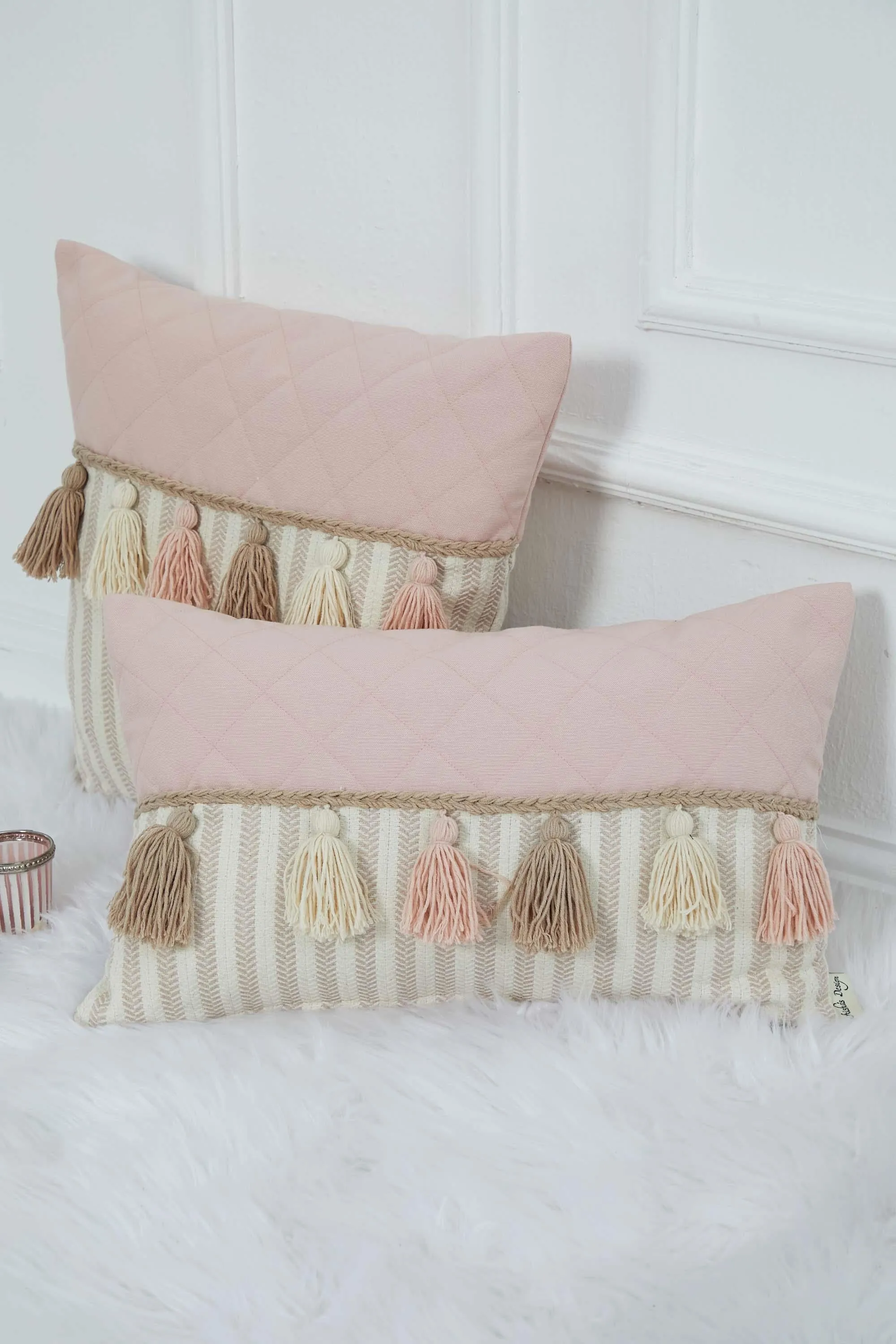 Striped and Quilted Boho Pillow Cover with Colorful Hanging Tassels, 18x18 Inches Stylish Living Room Pillow Cover Housewarming Gift,K-196