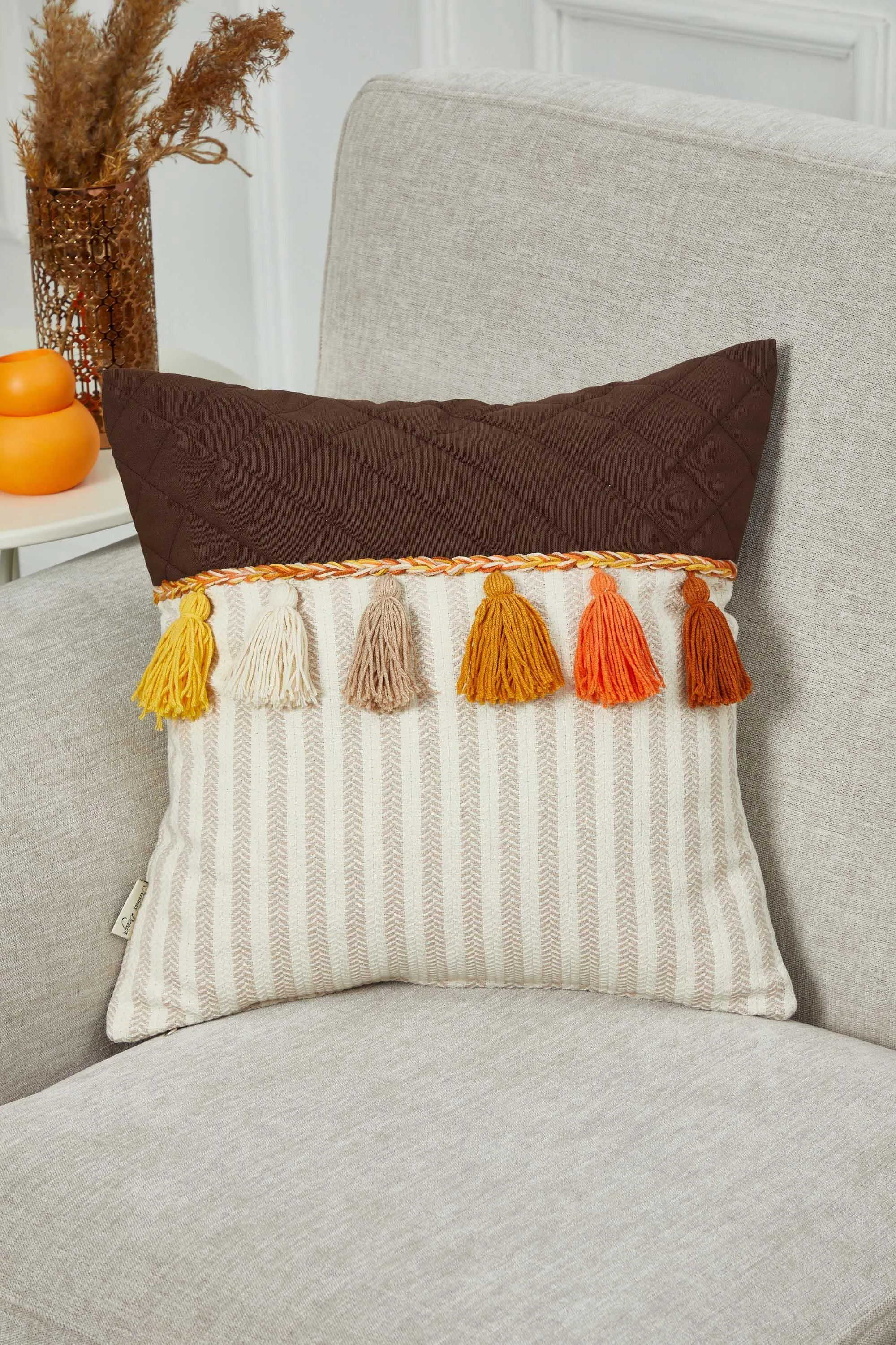 Striped and Quilted Boho Pillow Cover with Colorful Hanging Tassels, 18x18 Inches Stylish Living Room Pillow Cover Housewarming Gift,K-196