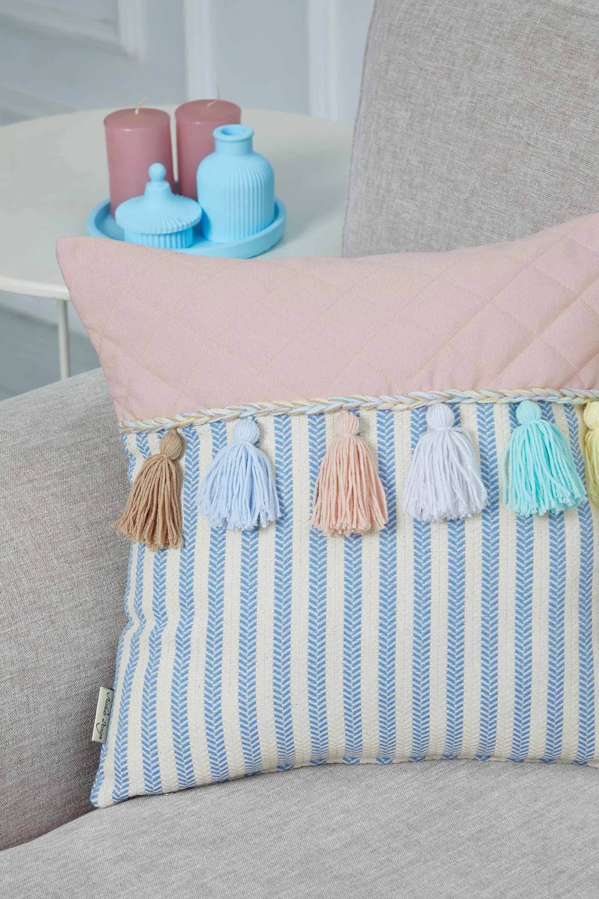 Striped and Quilted Boho Pillow Cover with Colorful Hanging Tassels, 18x18 Inches Stylish Living Room Pillow Cover Housewarming Gift,K-196