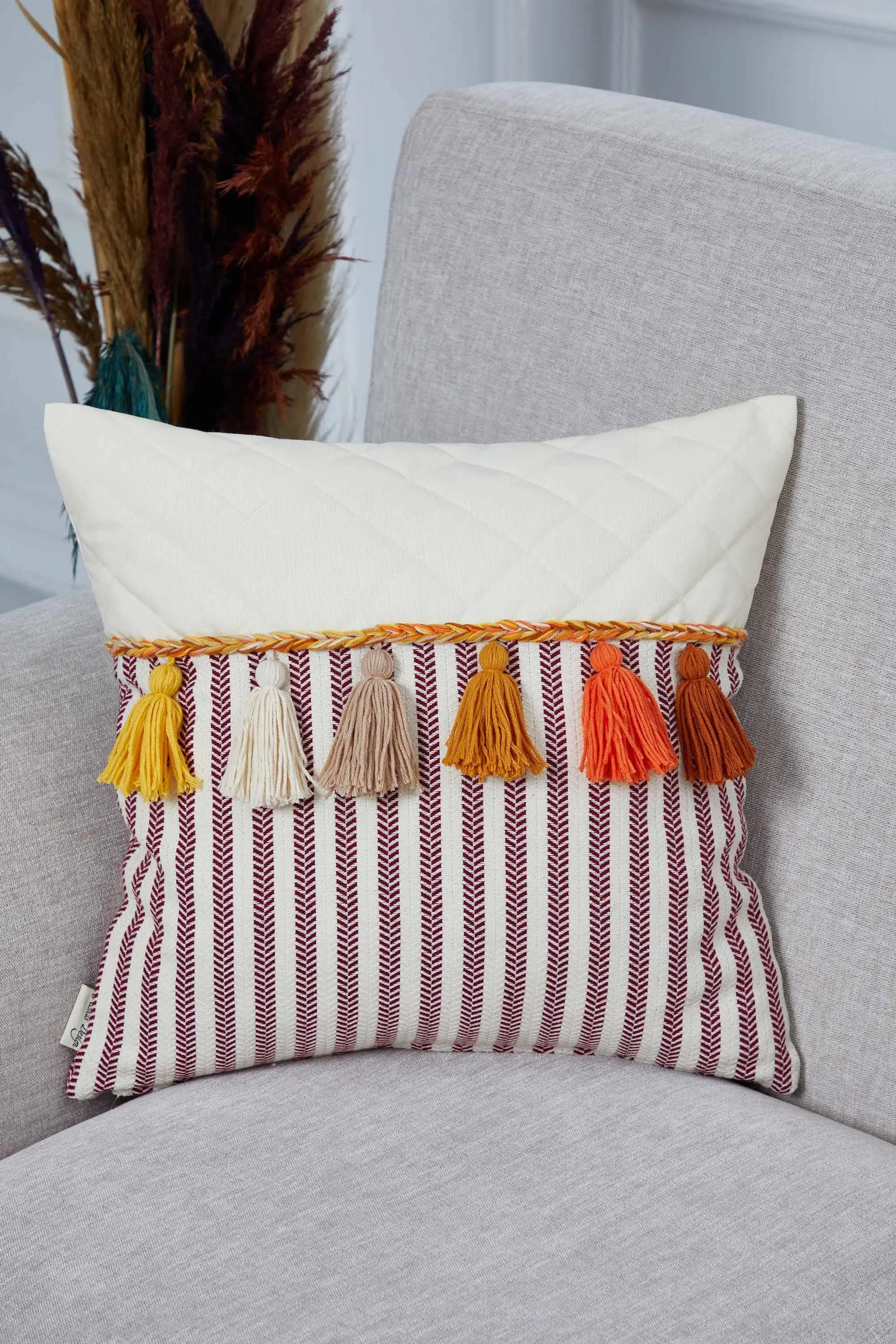 Striped and Quilted Boho Pillow Cover with Colorful Hanging Tassels, 18x18 Inches Stylish Living Room Pillow Cover Housewarming Gift,K-196