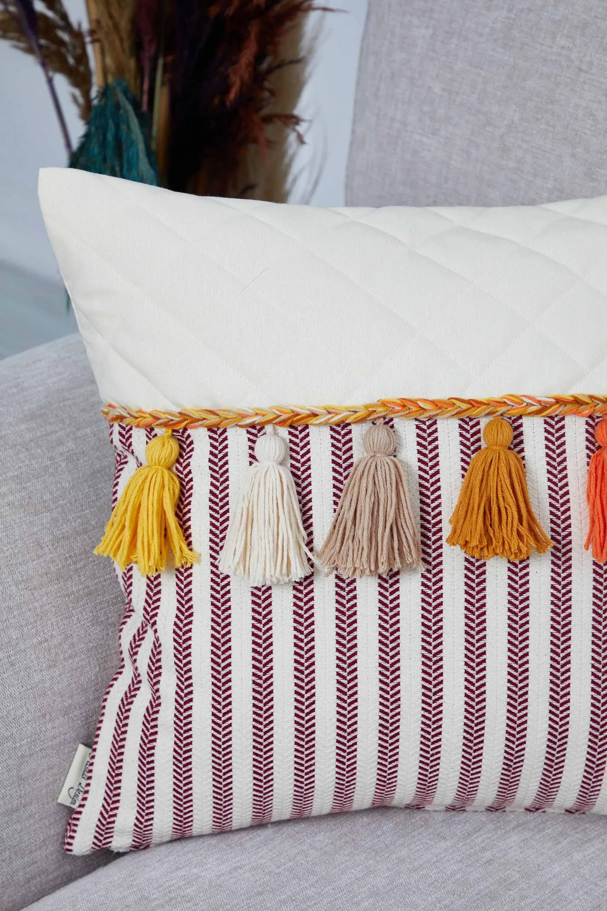 Striped and Quilted Boho Pillow Cover with Colorful Hanging Tassels, 18x18 Inches Stylish Living Room Pillow Cover Housewarming Gift,K-196