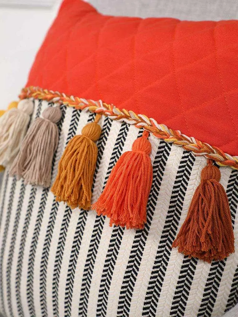 Striped and Quilted Boho Pillow Cover with Colorful Hanging Tassels, 18x18 Inches Stylish Living Room Pillow Cover Housewarming Gift,K-196