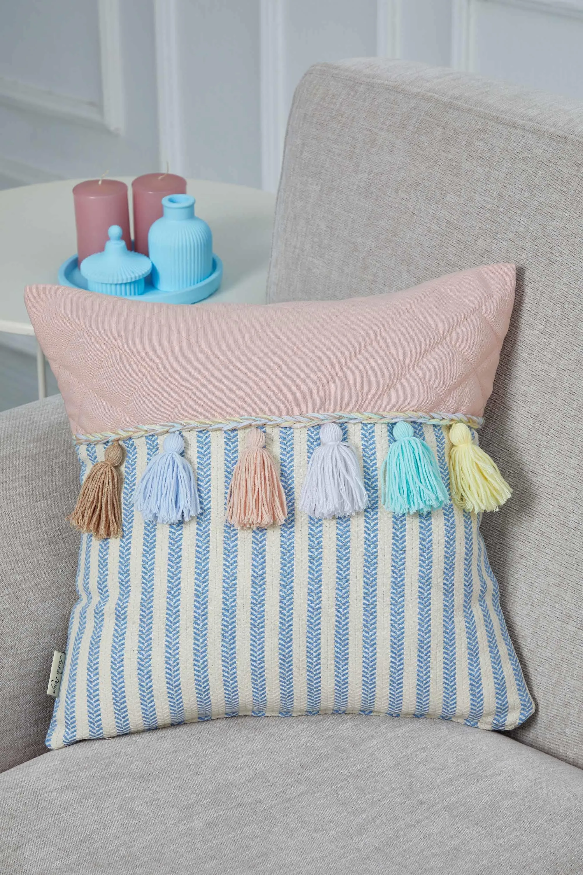 Striped and Quilted Boho Pillow Cover with Colorful Hanging Tassels, 18x18 Inches Stylish Living Room Pillow Cover Housewarming Gift,K-196