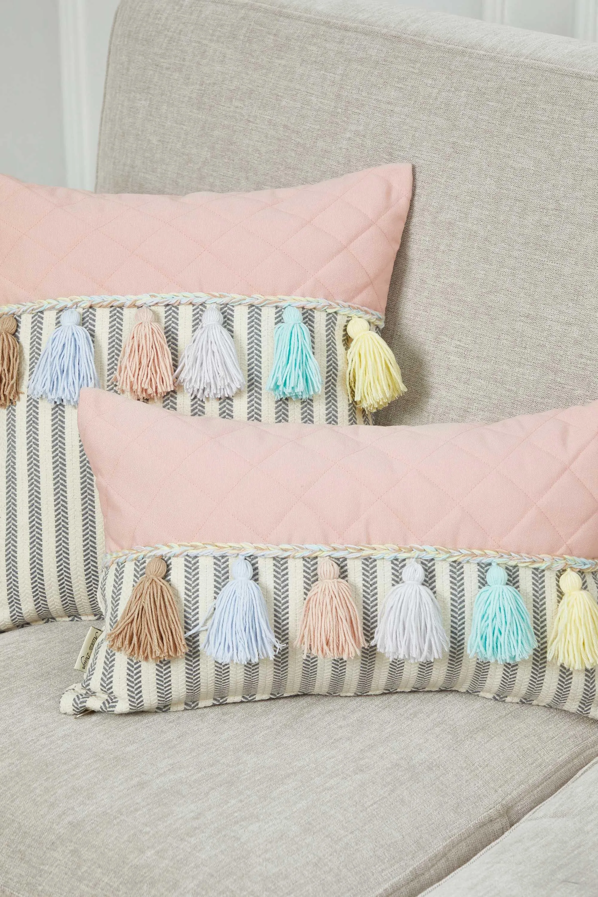 Striped and Quilted Boho Pillow Cover with Colorful Hanging Tassels, 18x18 Inches Stylish Living Room Pillow Cover Housewarming Gift,K-196