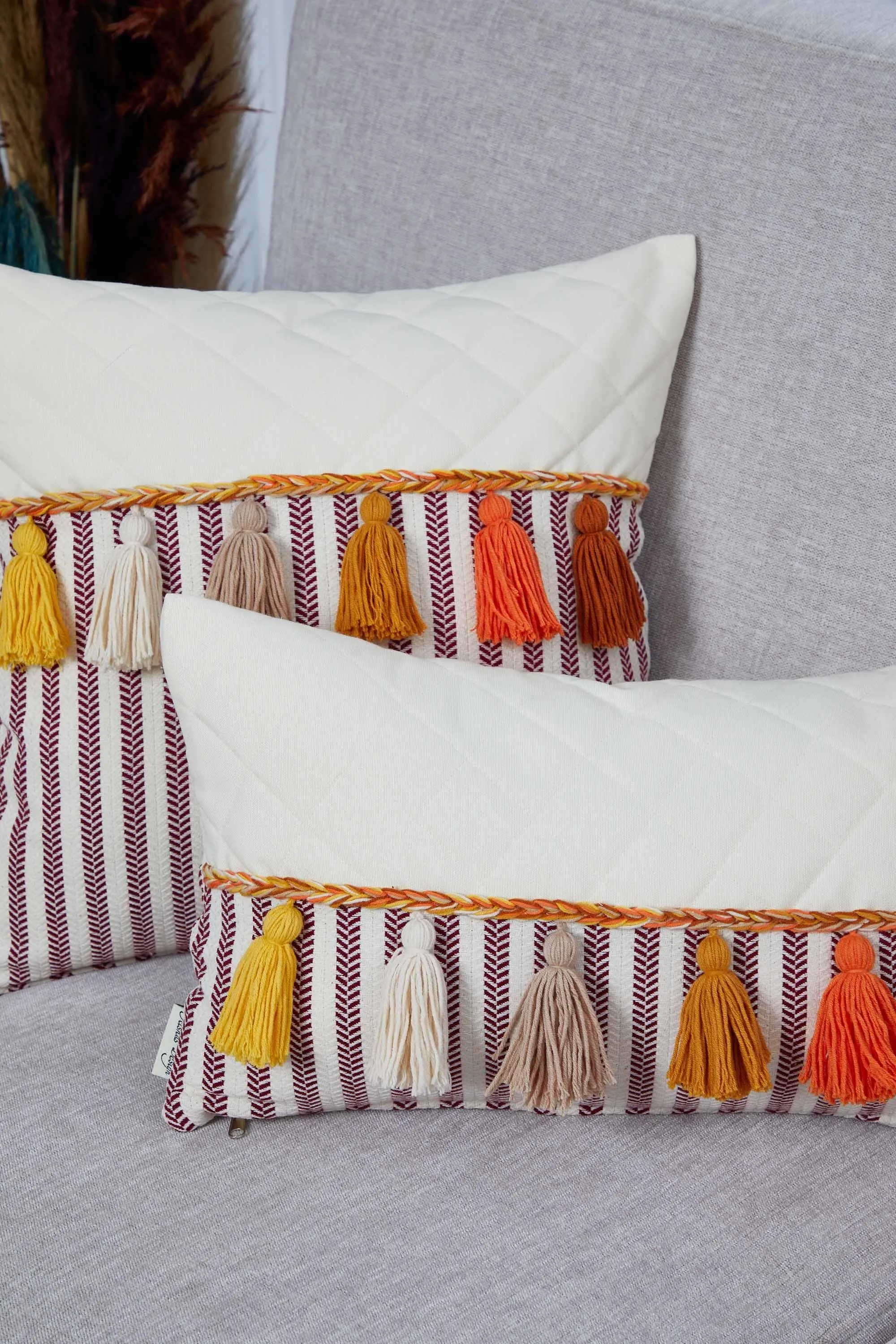 Striped and Quilted Boho Pillow Cover with Colorful Hanging Tassels, 18x18 Inches Stylish Living Room Pillow Cover Housewarming Gift,K-196