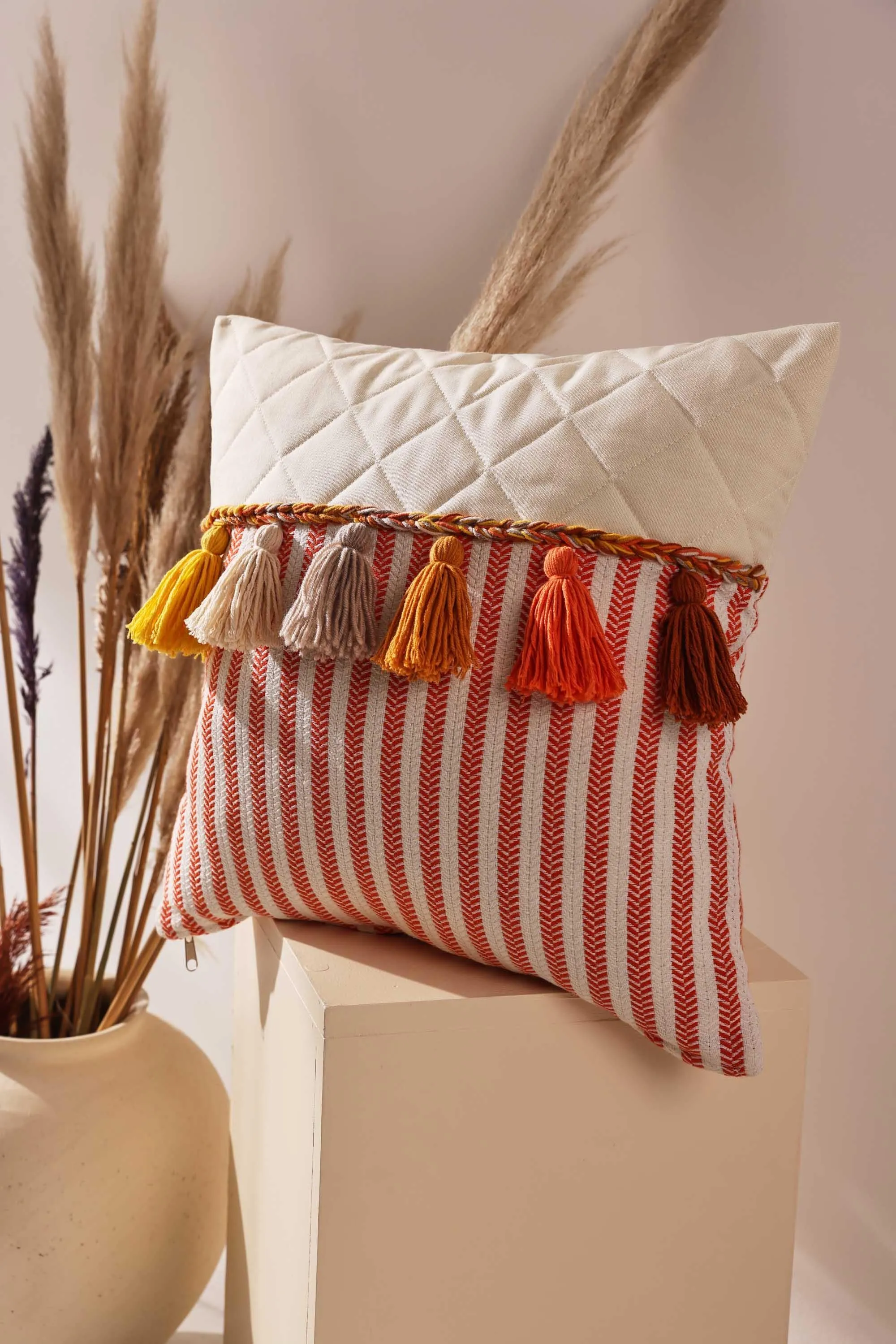 Striped and Quilted Boho Pillow Cover with Colorful Hanging Tassels, 18x18 Inches Stylish Living Room Pillow Cover Housewarming Gift,K-196