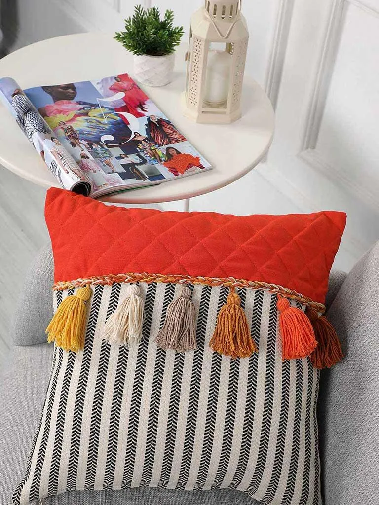 Striped and Quilted Boho Pillow Cover with Colorful Hanging Tassels, 18x18 Inches Stylish Living Room Pillow Cover Housewarming Gift,K-196