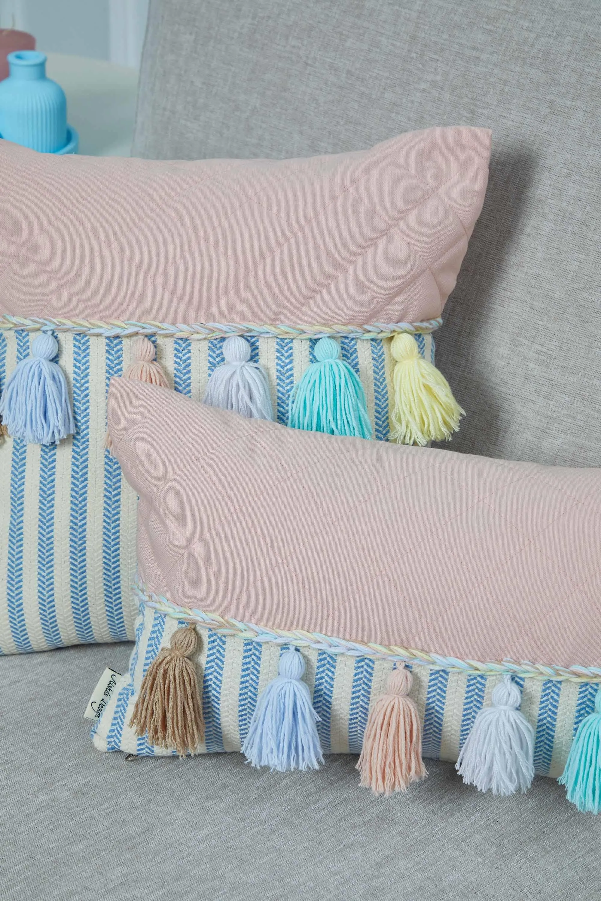 Striped and Quilted Boho Pillow Cover with Colorful Hanging Tassels, 18x18 Inches Stylish Living Room Pillow Cover Housewarming Gift,K-196