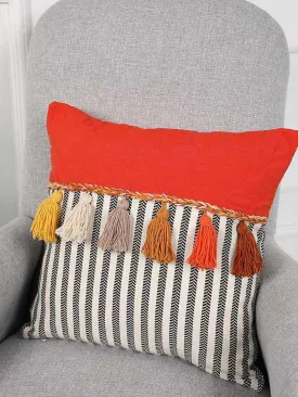 Striped and Quilted Boho Pillow Cover with Colorful Hanging Tassels, 18x18 Inches Stylish Living Room Pillow Cover Housewarming Gift,K-196