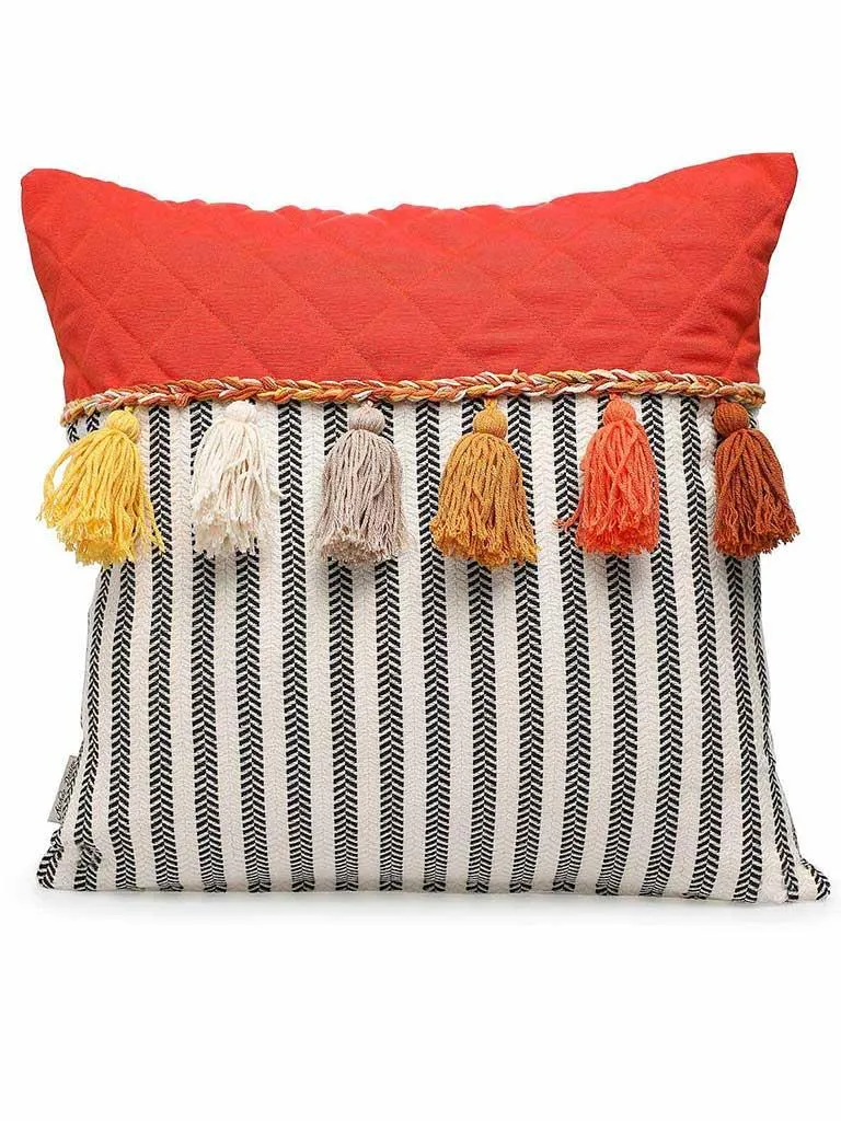 Striped and Quilted Boho Pillow Cover with Colorful Hanging Tassels, 18x18 Inches Stylish Living Room Pillow Cover Housewarming Gift,K-196