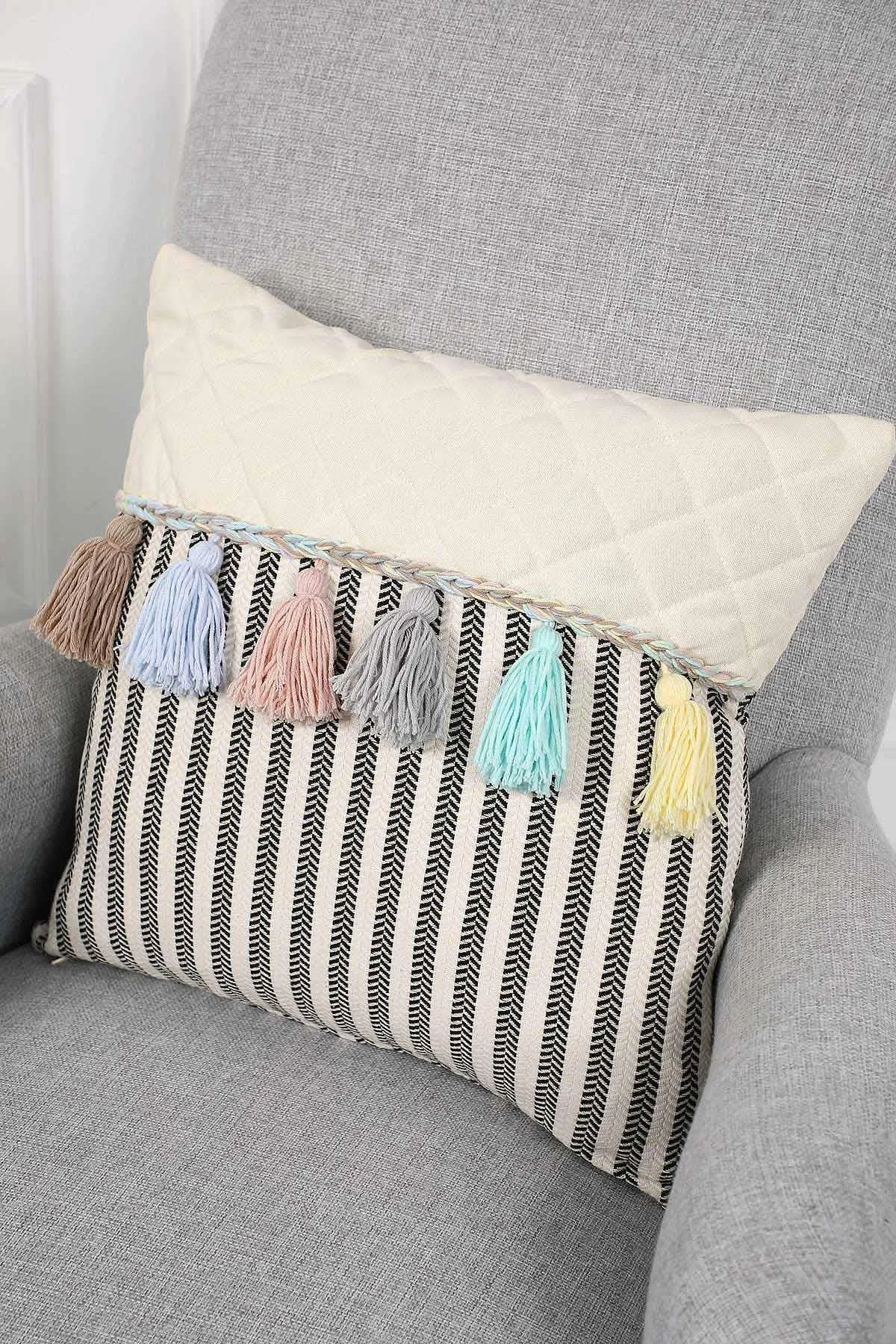 Striped and Quilted Boho Pillow Cover with Colorful Hanging Tassels, 18x18 Inches Stylish Living Room Pillow Cover Housewarming Gift,K-196