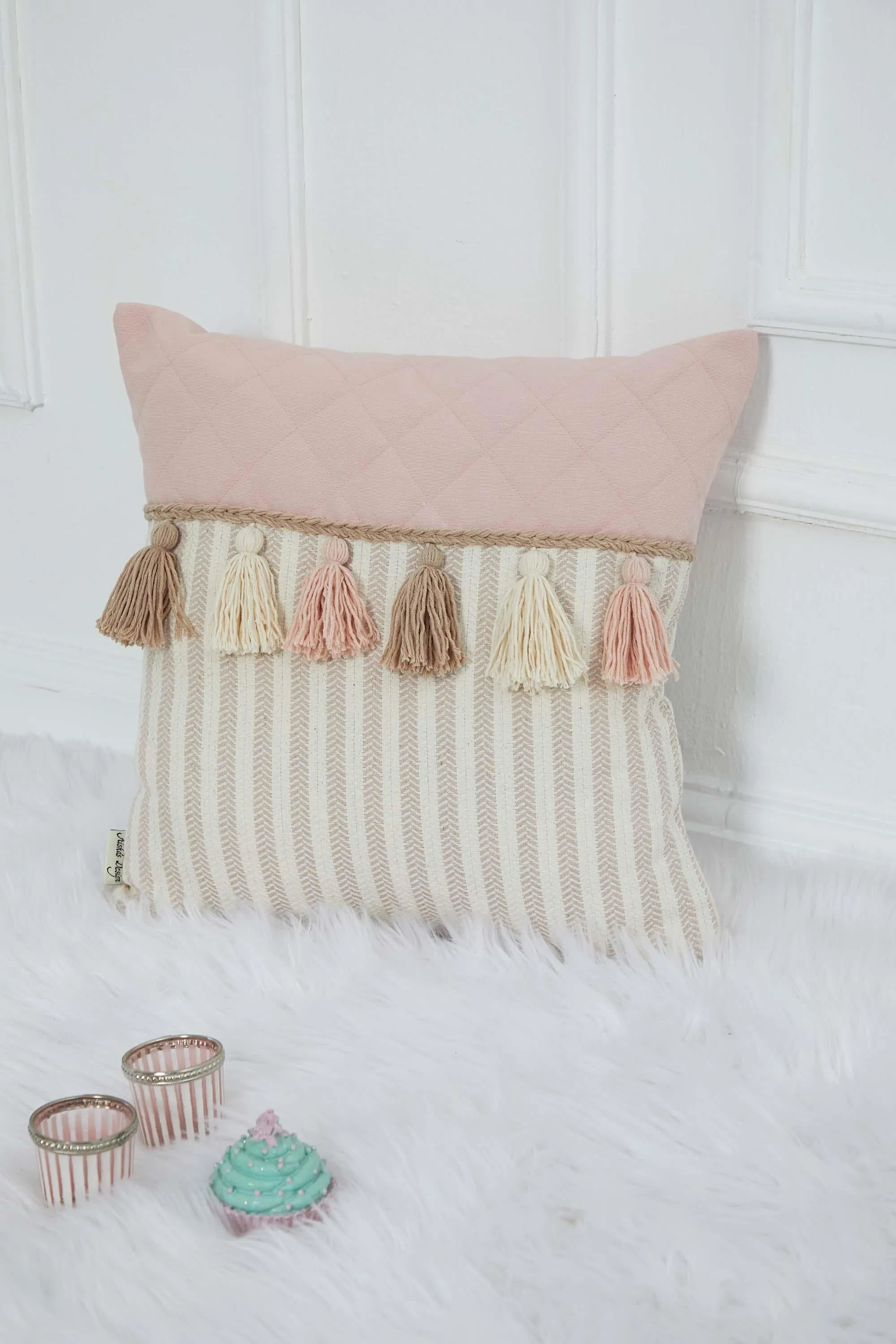 Striped and Quilted Boho Pillow Cover with Colorful Hanging Tassels, 18x18 Inches Stylish Living Room Pillow Cover Housewarming Gift,K-196