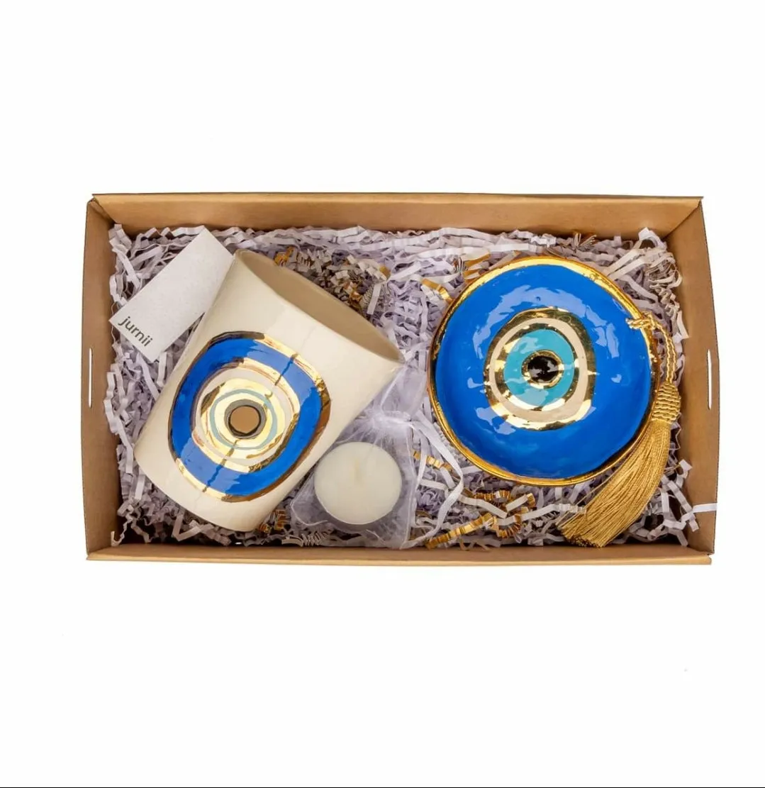 Tealight evil eye ceramic protection Blue Gold