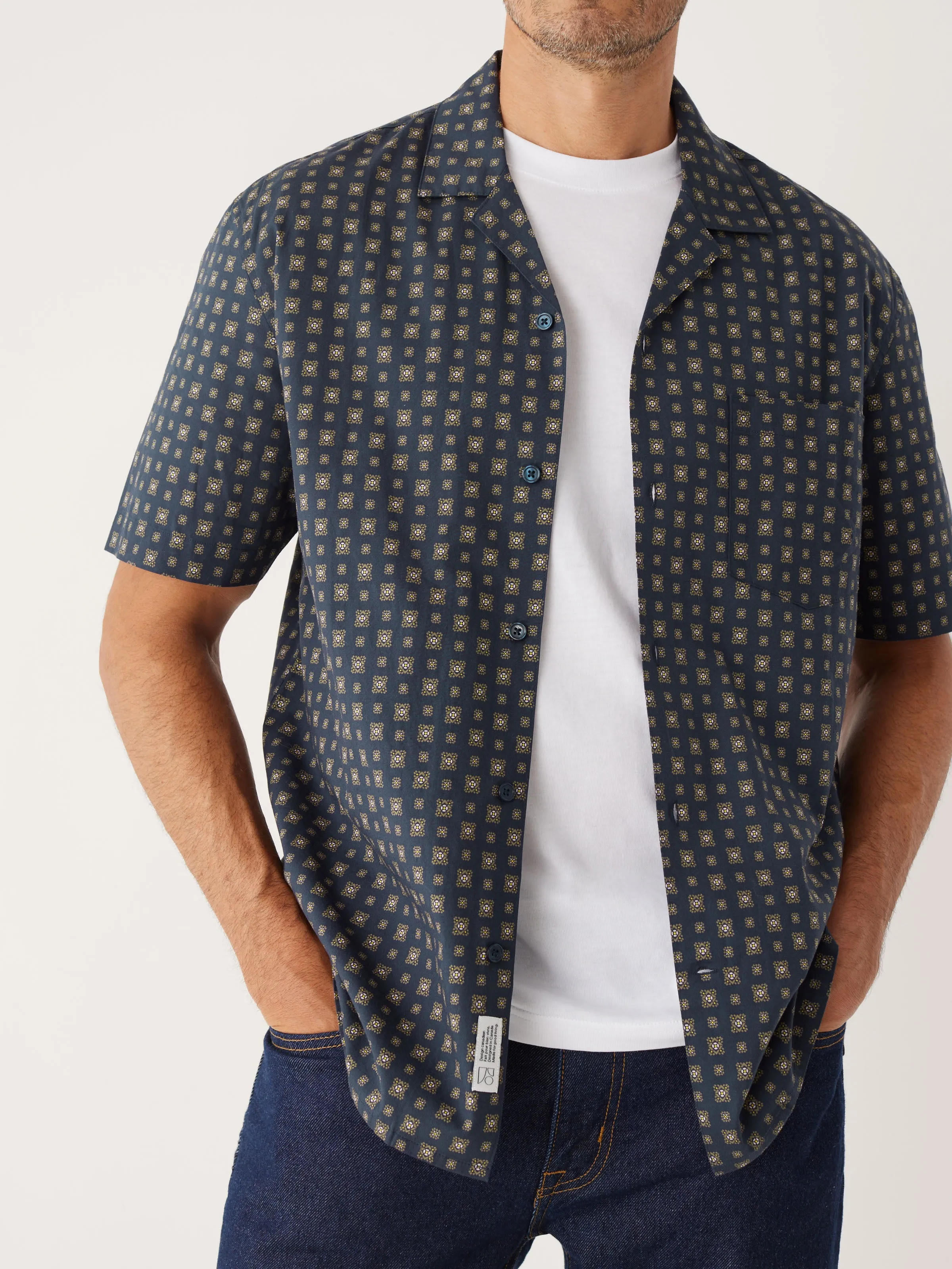 The Printed Camp Collar Shirt in Deep Blue