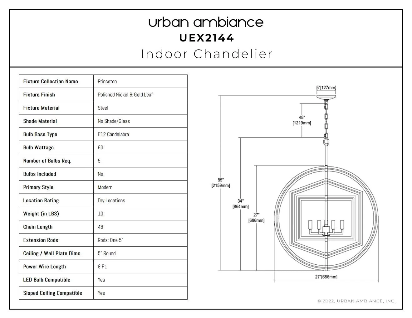 UEX2144 Luxe Industrial Chandelier 30''H x 27''W, Polished Nickel & Gold Leaf Finish, Princeton Collection