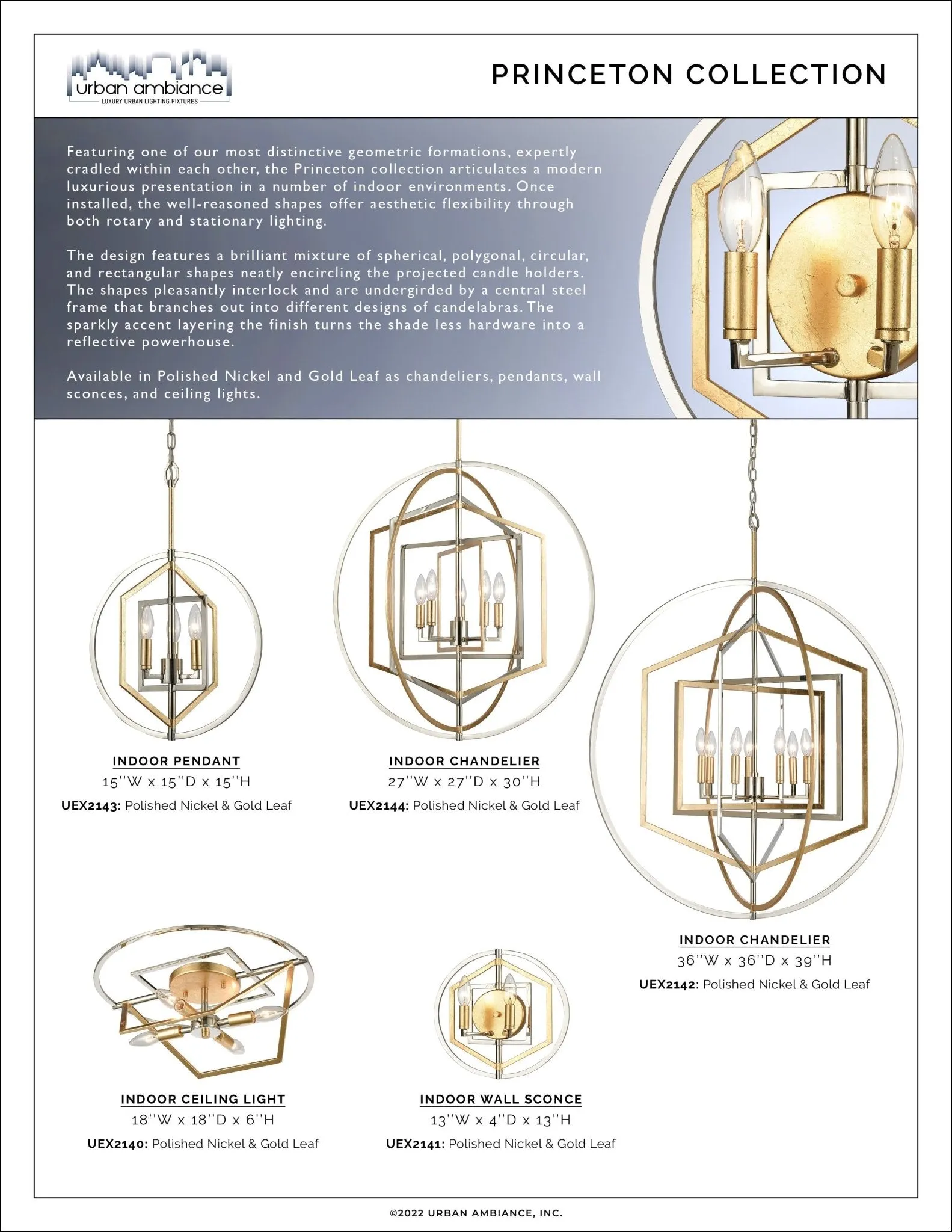 UEX2144 Luxe Industrial Chandelier 30''H x 27''W, Polished Nickel & Gold Leaf Finish, Princeton Collection