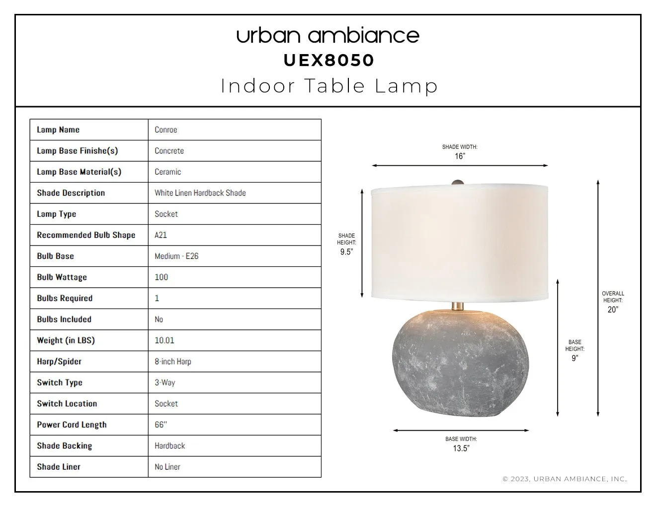 UEX8050 Natural Table Lamp 16''W x 9''D x 20''H, Concrete Finish, Conroe Collection