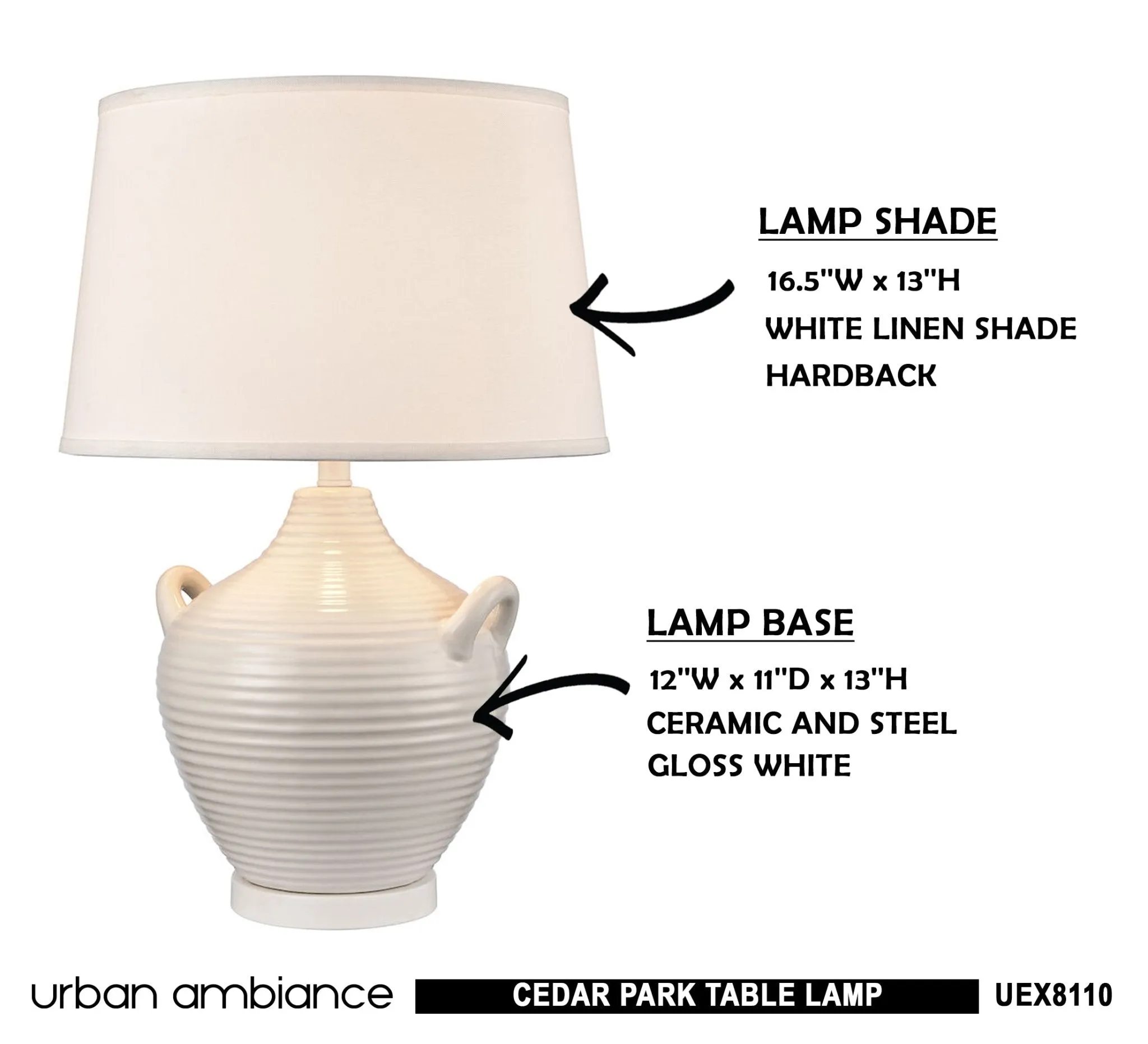 UEX8110 Modern Farmhouse Table Lamp 16.5''W x 16.5''D x 25''H, Gloss White Finish, Cedar Park Collection