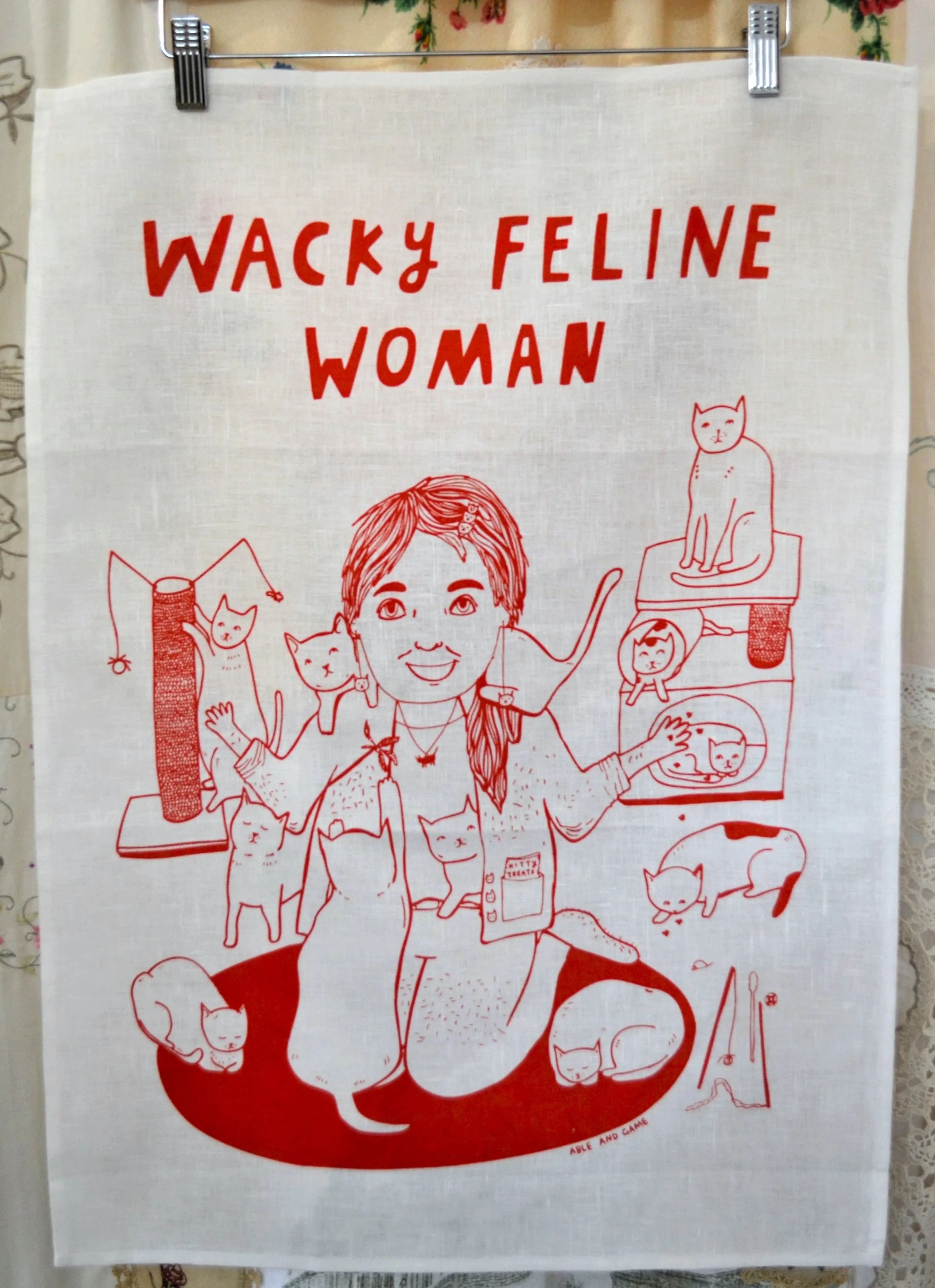 WACKY FELINE WOMAN tea towel