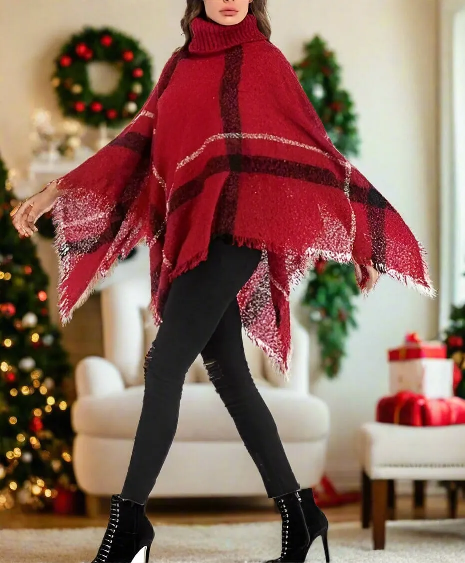 Womens Christmas Red Black Plaid Poncho, Fringed Pull Over Shawl, Size OS, Red/Black