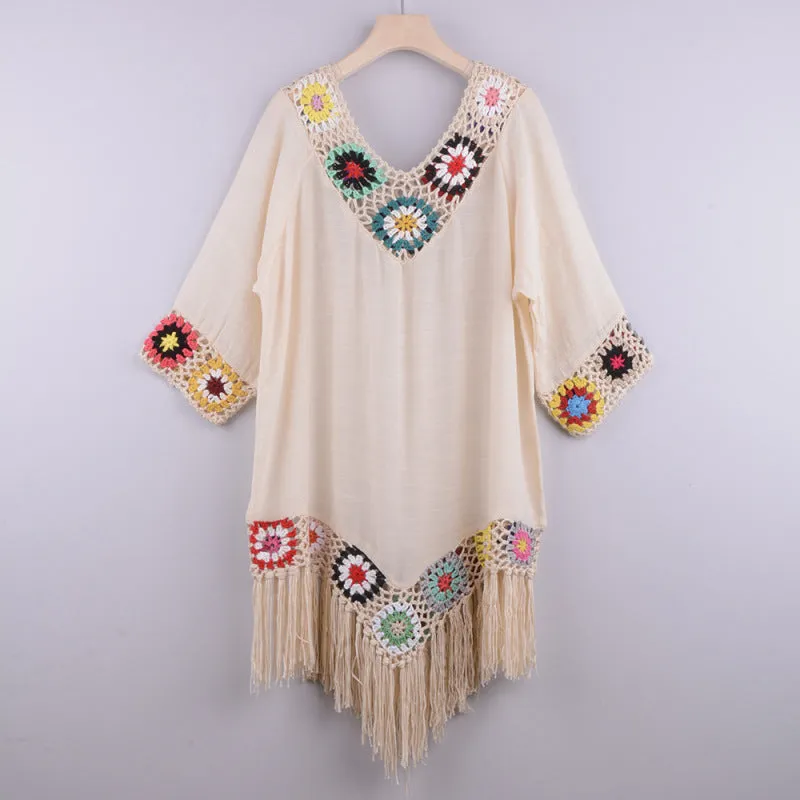 Women's Embroidered Three Quarter Sleeve Tassel Cover Up