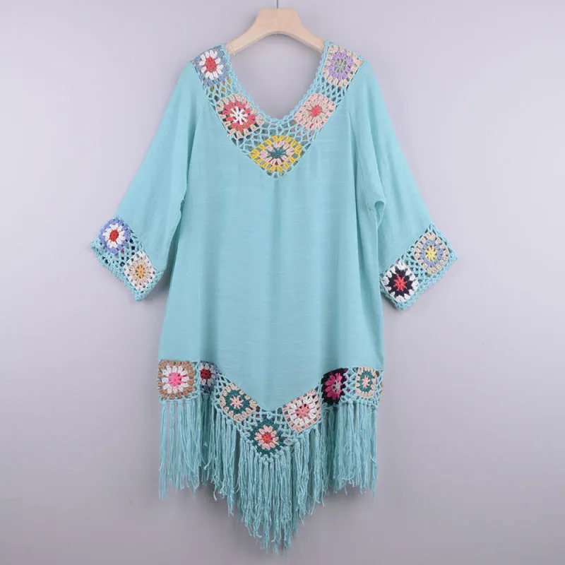 Women's Embroidered Three Quarter Sleeve Tassel Cover Up