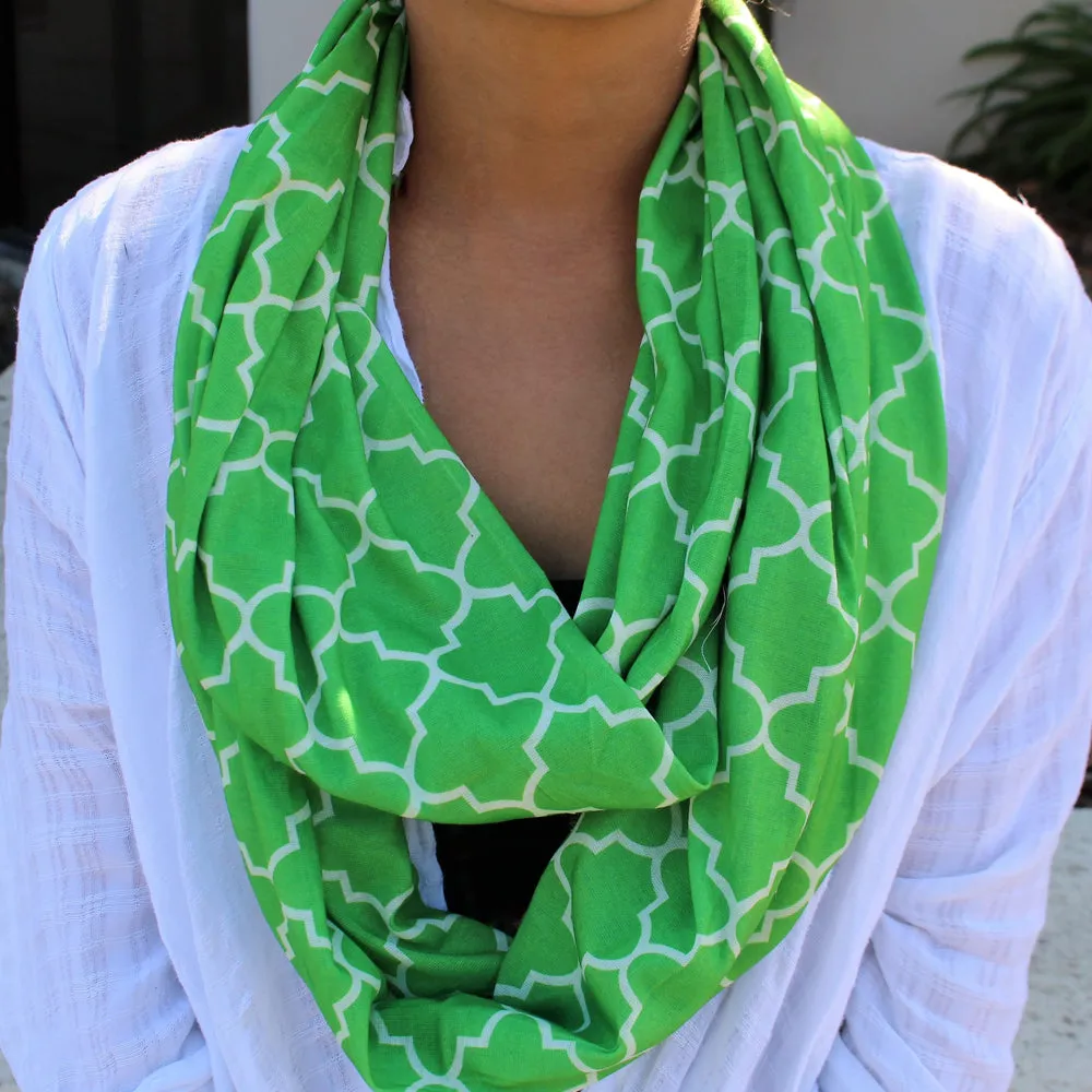 Women's Infinity Scarf with Zipper Pocket, Infinity Scarves with Quatrefoil Patterned Scarf Design & Hidden Zipper Pocket