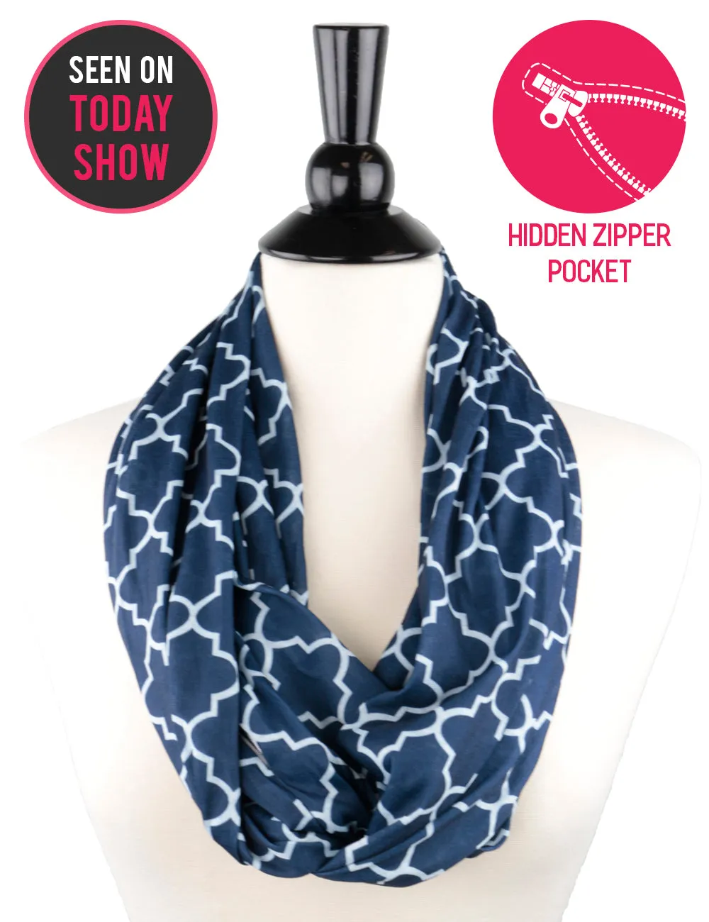 Women's Infinity Scarf with Zipper Pocket, Infinity Scarves with Quatrefoil Patterned Scarf Design & Hidden Zipper Pocket