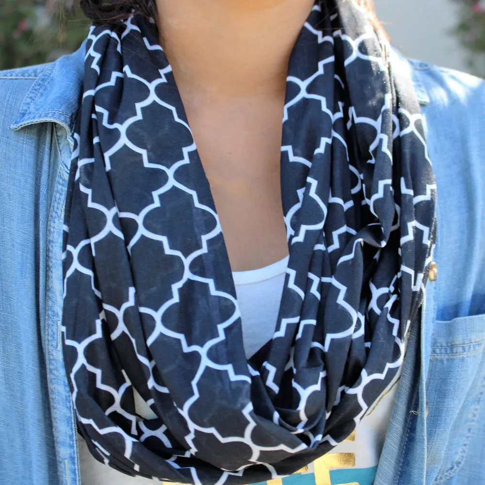 Women's Infinity Scarf with Zipper Pocket, Infinity Scarves with Quatrefoil Patterned Scarf Design & Hidden Zipper Pocket