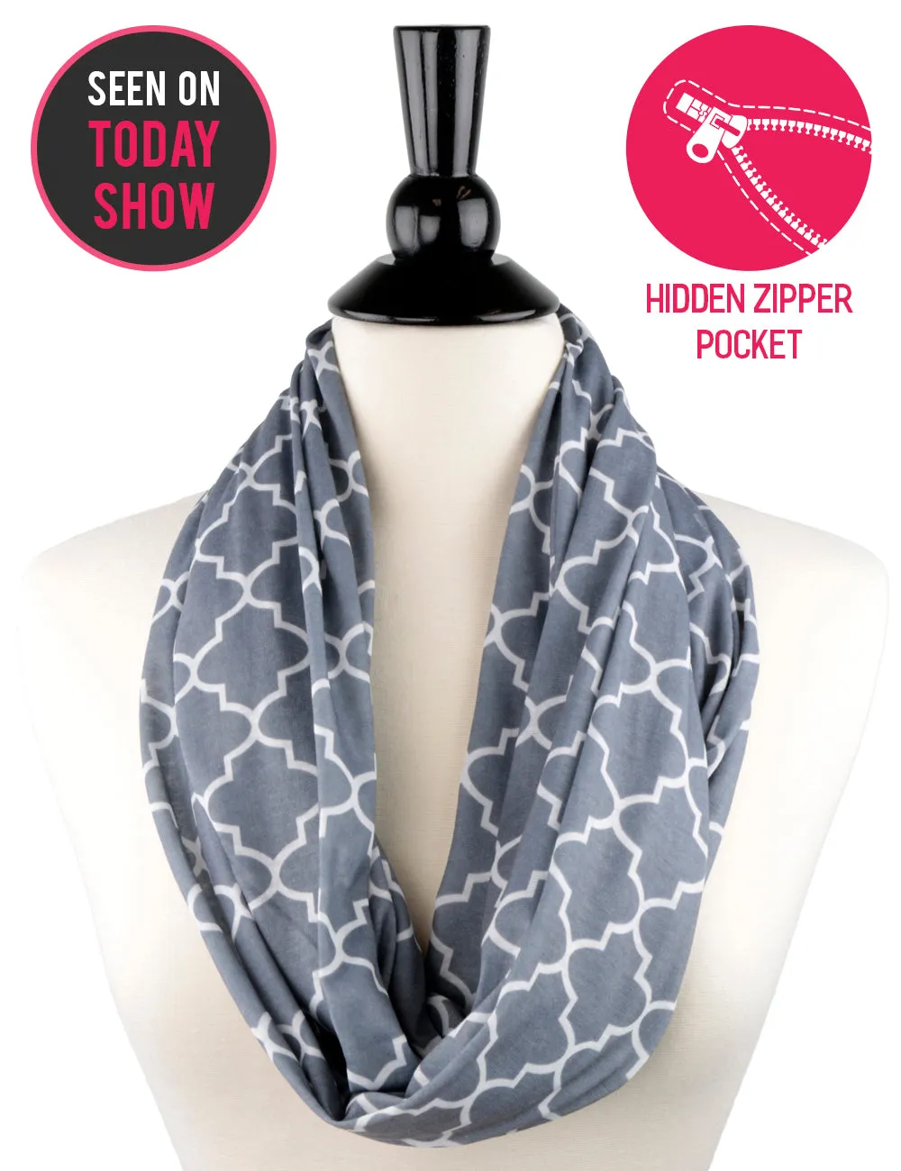 Women's Infinity Scarf with Zipper Pocket, Infinity Scarves with Quatrefoil Patterned Scarf Design & Hidden Zipper Pocket