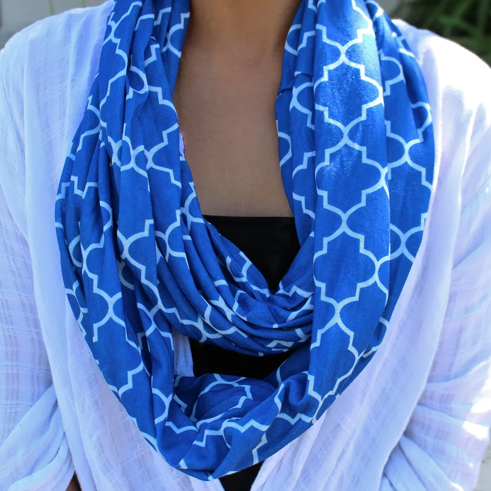 Women's Infinity Scarf with Zipper Pocket, Infinity Scarves with Quatrefoil Patterned Scarf Design & Hidden Zipper Pocket