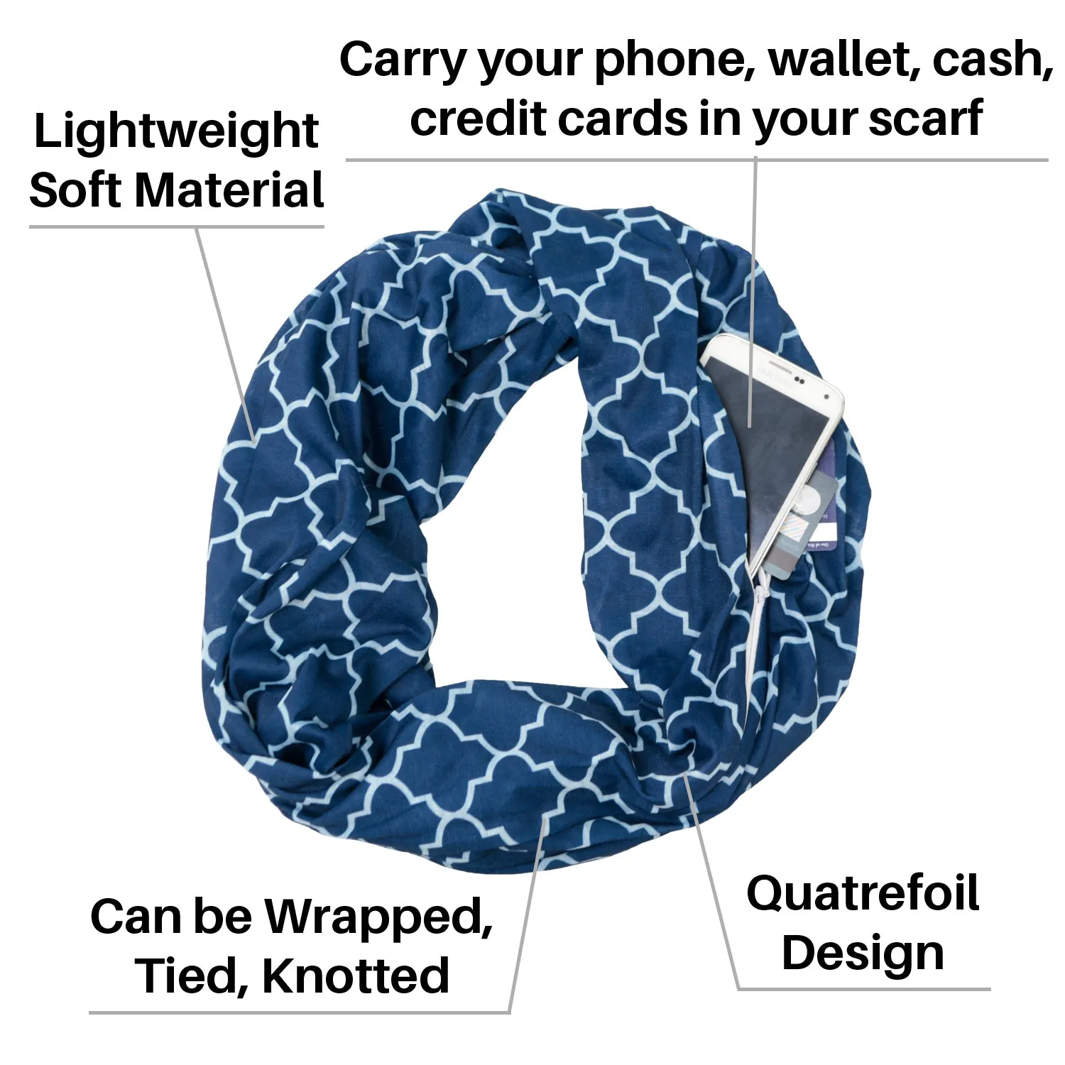 Women's Infinity Scarf with Zipper Pocket, Infinity Scarves with Quatrefoil Patterned Scarf Design & Hidden Zipper Pocket