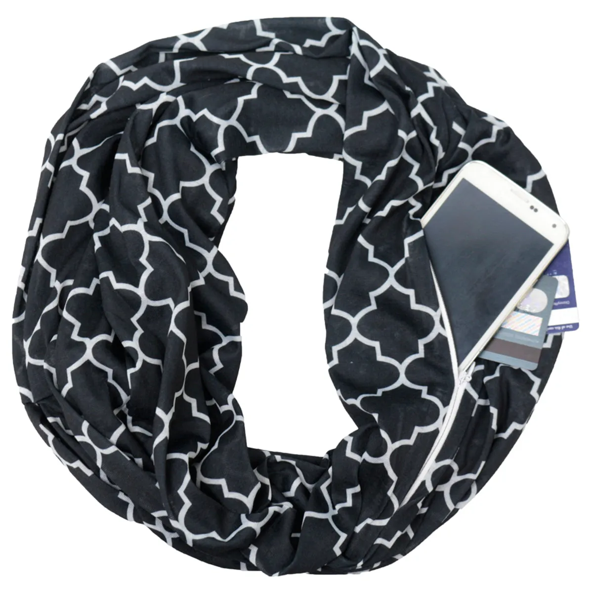 Women's Infinity Scarf with Zipper Pocket, Infinity Scarves with Quatrefoil Patterned Scarf Design & Hidden Zipper Pocket